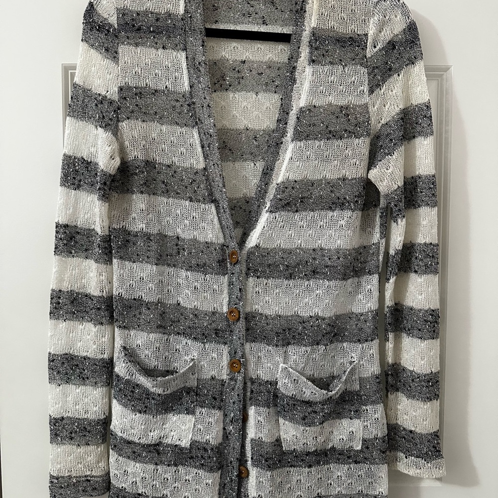 Gray and White Striped Women's Cardigan